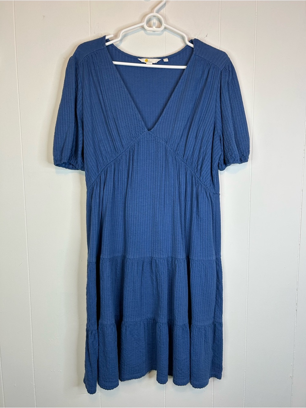 Boden Blue Cotton V-Neck, Puff Sleeve Mini Dress Size 8L 337